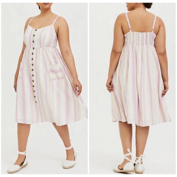 Torrid Linen Cotton Blend Midi Dress Striped Front Button with Pockets, - Picture 1 of 16